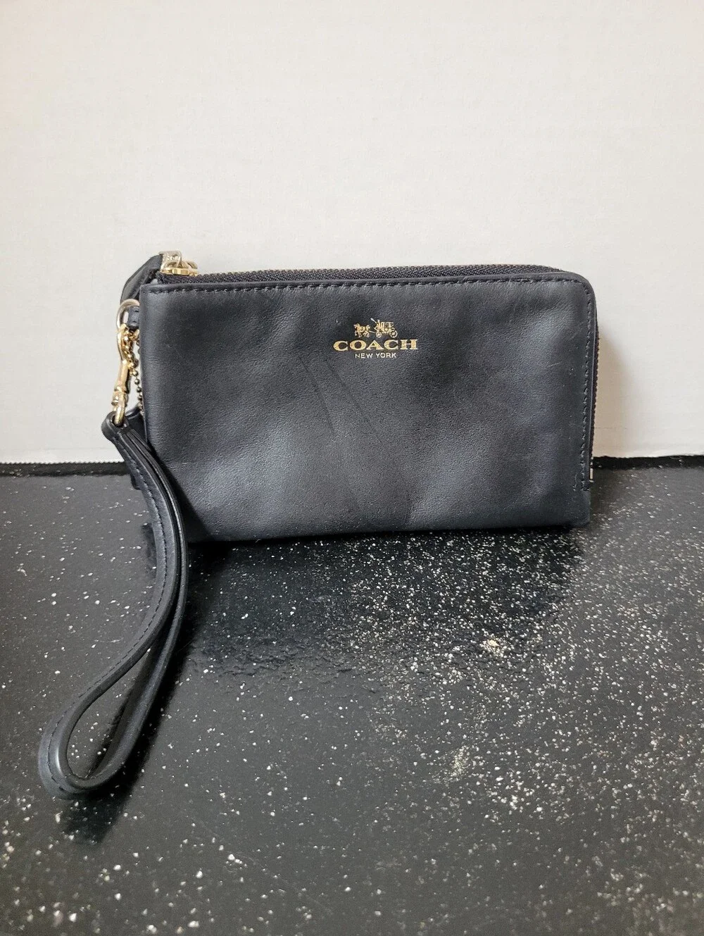 Coach Black Leather Double Zip Wristlet with Gold Logo